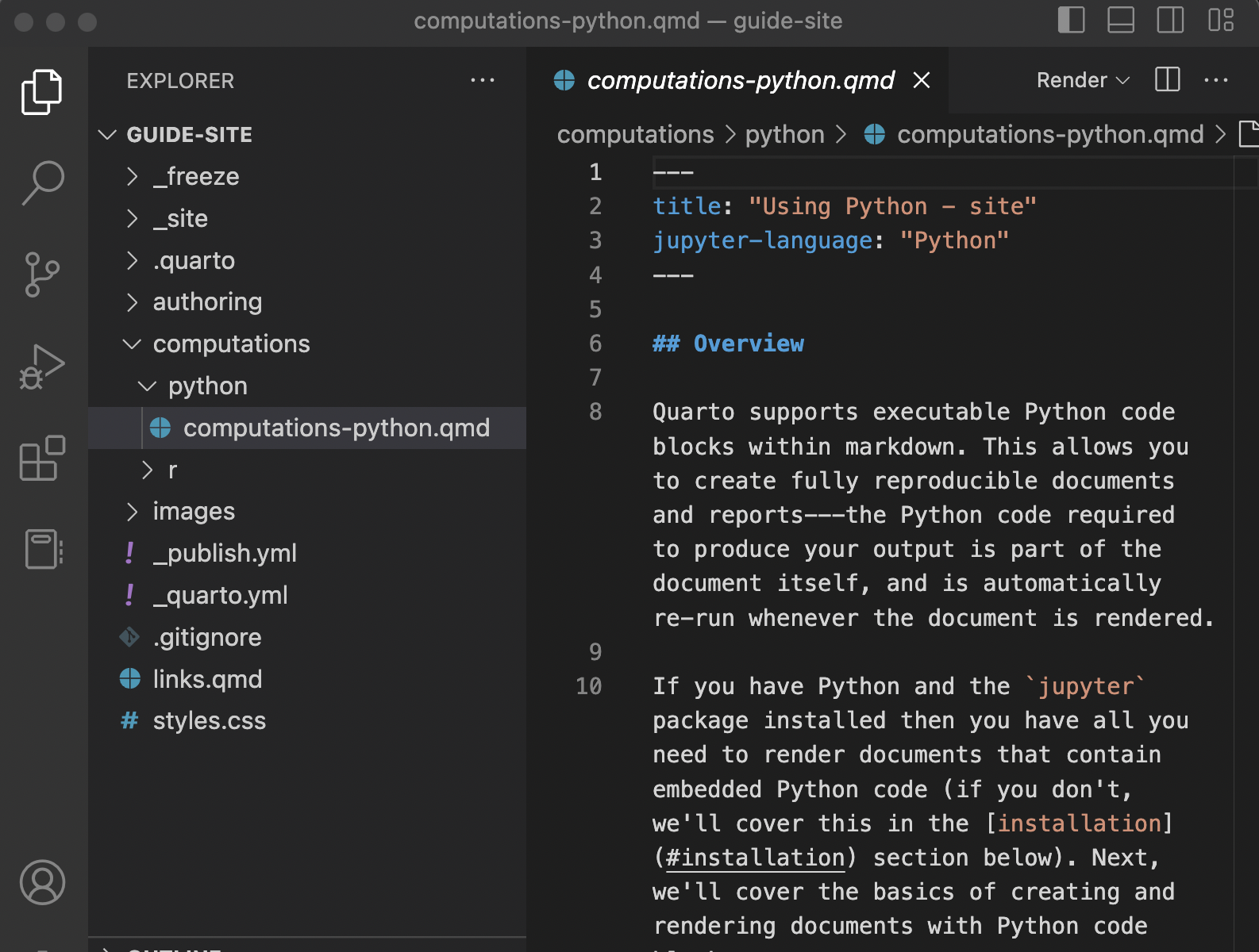 A screenshot of a Quarto project in VS Code. On the left in the Explorer, the project folder is called 'Guide-site', and contains folders 'authoring', and 'computation', along with some other files. A document from the folder 'python' inside the folder 'computations' with the title 'Using Python - site' is open in the Source Pane.